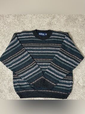 HONORS Teal and Gray Striped Crewneck Sweater